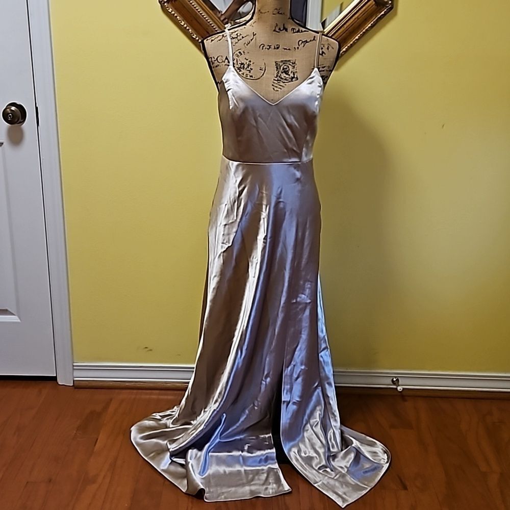 Birdy Grey Gold Satin Sleeveless Maxi Gown Slit Small - Picture 2 of 14